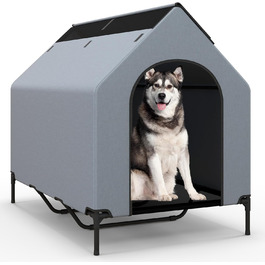 Будка для собак COSTWAY 2 в 1 з піднятим ліжком, Outdoor, сірий Оксфорд (84 x 132 x 114 см)