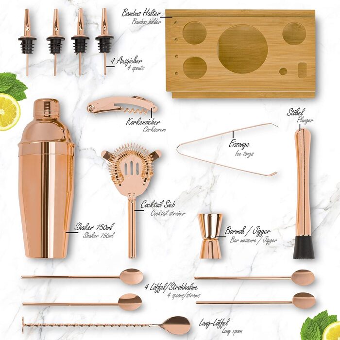 ONVAYA® Cocktail Set in Rosé-Gold | Cocktail Gift Set with Bamboo Holder | Cocktail Shaker Set | Professional Bartender Set | Moscow Mule Mugs (Cocktail Set)