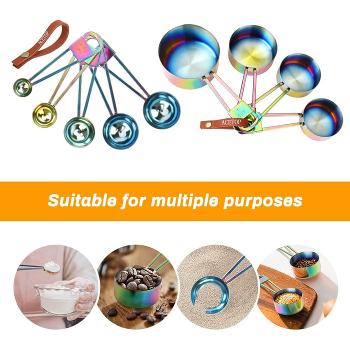 Intsun Measuring Spoon and Cup Set, Stackable Stainless Steel Measuring Cups and Spoons, Multicolor, with Engraved Measurements and Highly Polished Measuring Cup Set for Cooking, Mixing, and Baking