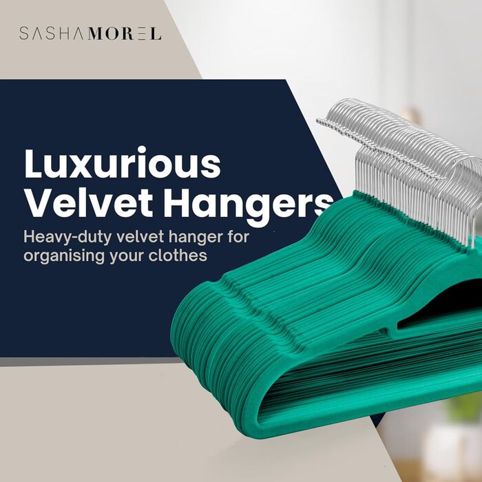 Набір плечиків для одягу з велюру, 50 шт. (блакитно-зелений) – антиковзаючі, з органайзером для краваток, обертові гачки