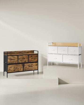 SONGMICS Chest of Drawers, Cabinet, 7 Fabric Drawers with Handles, Metal Frame, Industrial Design, Vintage Brown + Ink Black LTS137B01 (Vintage Brown + Ink Black, 29W x 98.2D x 70H cm)