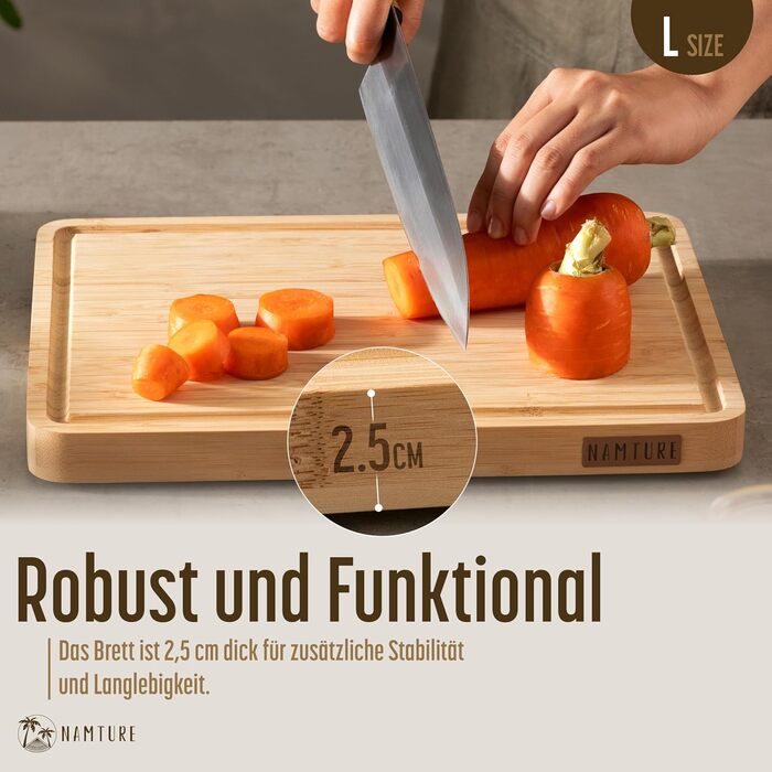 Дерев'яний обробний дошка Stirnholz 45x30 см з бамбука, преміум-якість, з жолобом для соку та антиковзними ніжками, у подарунковій коробці