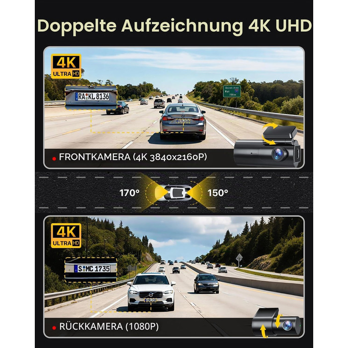 Автомобільний відеореєстратор GKU 4K+1080P (передній та задній), 5GHz WiFi, з картю пам'яті 64GB, глянцевий чорний