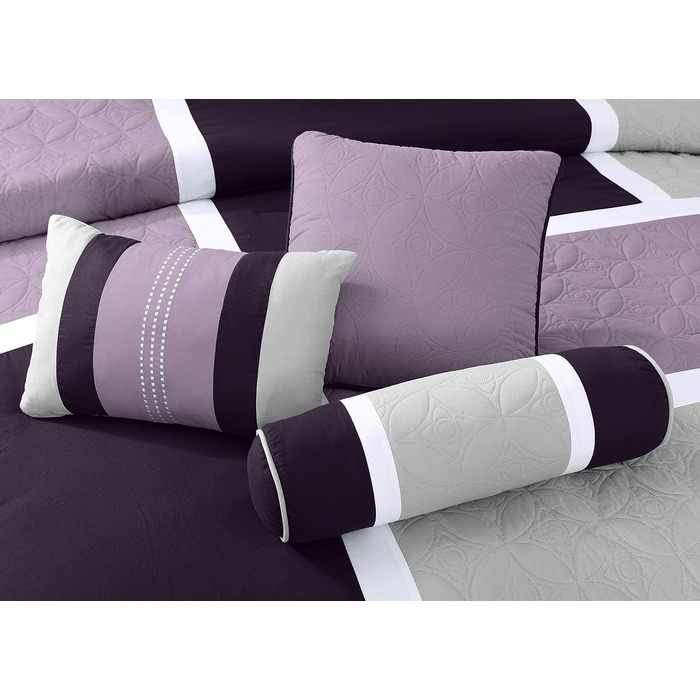 Комплект постільної білизни Chezmoi Collection Upland 7-частинний, стегане покривало, дизайн пэтчворк, лаванда/сірий/фіолетовий, розмір Queen