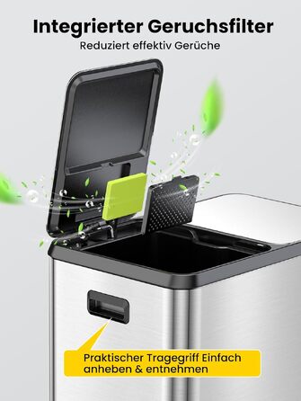 Кухонний смітник YEAUPE PRO на 60л (2х30л), роздільний відро для сортування сміття та переробки, нержавіюча сталь