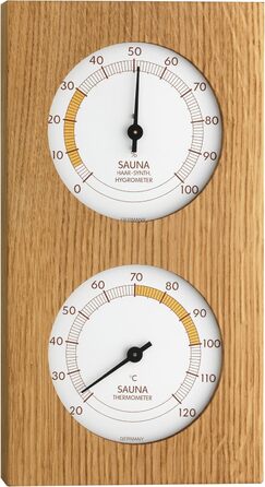 TFA Dostmann Analog Sauna Thermometer/Hygrometer, with Oak Frame, Temperature, Humidity, Heat-Resistant, L 130 x W 40 x H 242 mm