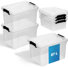 3-Piece Storage Boxes with Lid | BPA Free | With or Without Carrying Handle | Storage Containers with Reinforced Bottom Structure (87L, Without Handle - Transparent)