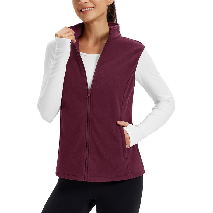 TACVASEN жіноча флісова жилетка для активного відпочинку, без рукавів, тепла жилетка з кишенями на блискавці, спортивна жилетка для жінок, колір: бордовий