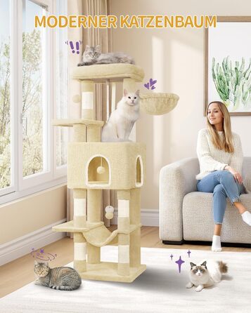 Дерев'яний будиночок для котів Hzuaneri Kratzbaum, 149 см, з 5 стовпчиками для шліфування, платформами, затишною печерею, багатоповерховий центр активності для котів, помпонами, бежевий (MS14918LG)