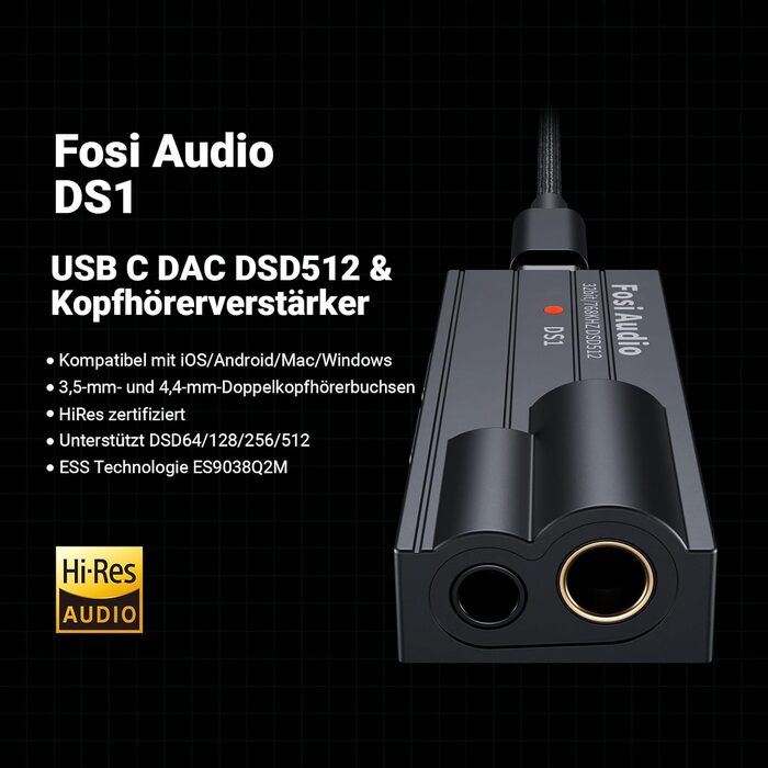 Портативний ЦАП/підсилювач навушників Fosi Audio DS1 з ES9038Q2M, підтримка PCM 32-bit/768kHz та DSD512, 3,5mm та 4,4mm виходи для Hi-Fi аудіо, USB ЦАП підсилювач для навушників