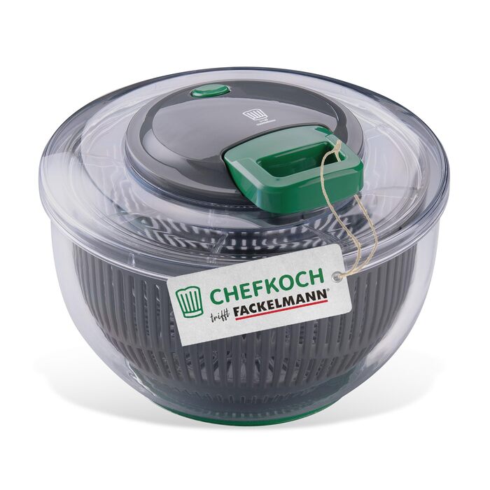 Салатниця-центрифуга Fackelmann Chefkoch з мотузковим приводом та стоп-кнопкою – для миття, сушіння та подачі салату. Зручний мотузковий привід та знімне сито