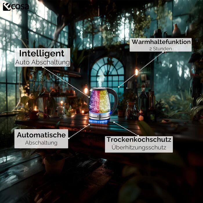 Електричний чайник Ecosa® зі скляною колбою та нержавіючою сталлю, 1,8 л, 2200 Вт, регулювання температури 40°C-100°C, з підігрівом, LED-підсвічуванням, BPA Free