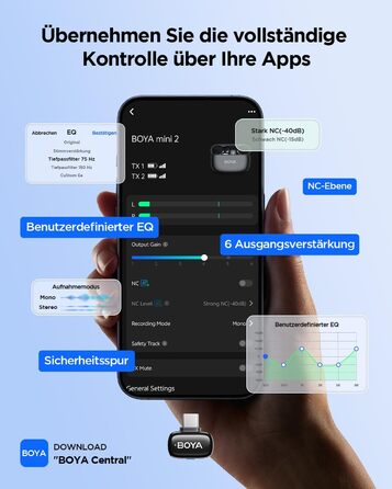 BOYA Mini 2: Бездротовий петличний мікрофон USB-C для iPhone/Android (48kHz/24Bit)