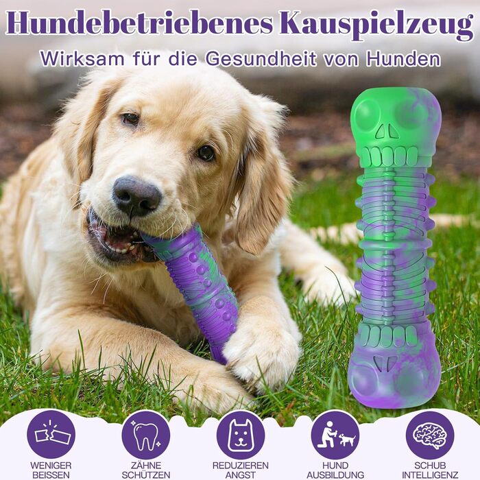 HETOO Dog Toy, indestructible, robust, squeaking, chew toy for aggressive chewers, large and medium dog breeds, dental care (Large, Purple Green)