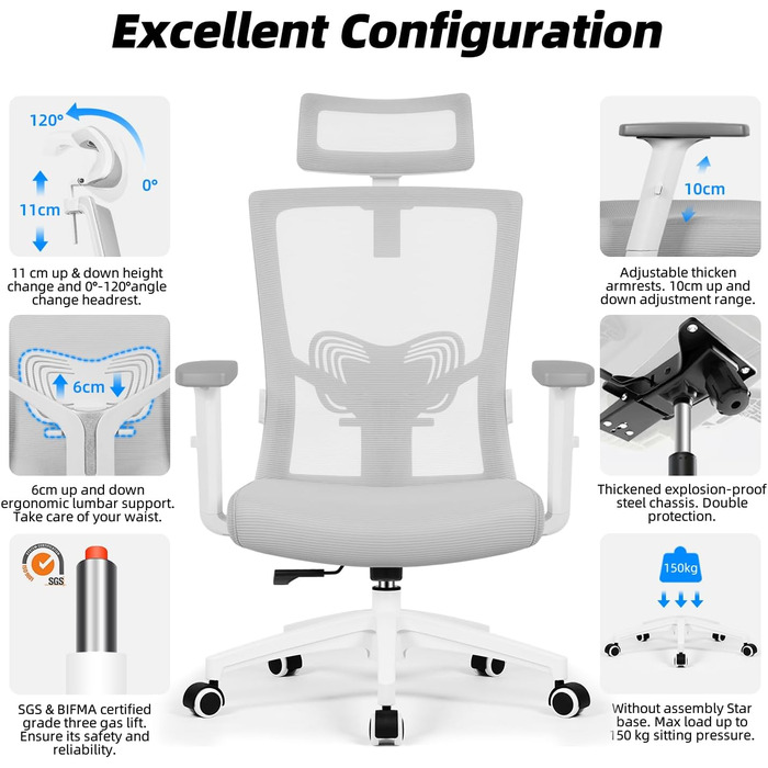 Ергономічне крісло Daccormax для офісу з регульованою підголівником, підлокітниками та підтримкою попереку. Офісне крісло, поворотне, з функцією гойдання, mesh-сидіння, для спини, до 150 кг (сірий)