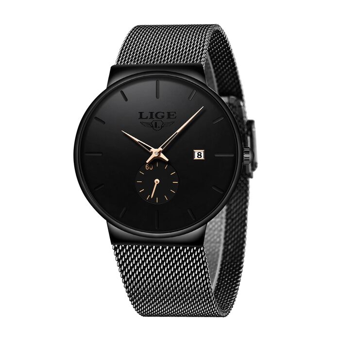 Годинник чоловічий LIGE Retro з нержавіючої сталі, водонепроникний, вінтажний, кварцовий, з датою, для бізнесу та повсякденного носіння. Чоловічі годинники (Золотий, Чорний)