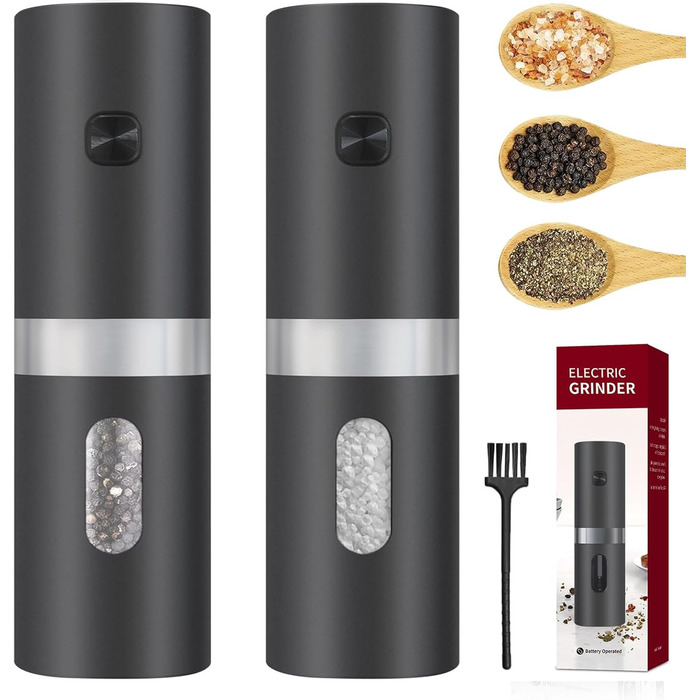 Електричні млини для солі та перцю 2 шт. Набір, батарейне живлення, LED-підсвічування, регулювання помелу, чорний (Стиль 2)