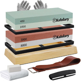 Набір алмазних точильних каменів Kalolary (11 шт.) з двосторонньою зернистістю 400/1000, 3000/8000 для заточування ножів, стамесок, рубанків з кутовою направляючою та неслизькою основою, з шкіряним ременем