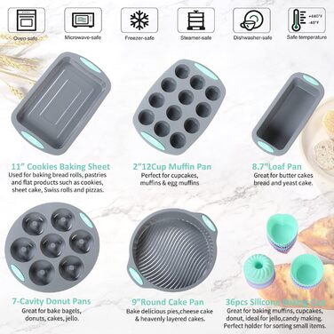 Encounter 41-Piece Silicone Baking Pan Set: Silicone Cake Molds, Baking Sheet, Donut Pan, Silicone Muffin Pan with 36 Pack Silicone Baking Cups, Dishwasher Safe