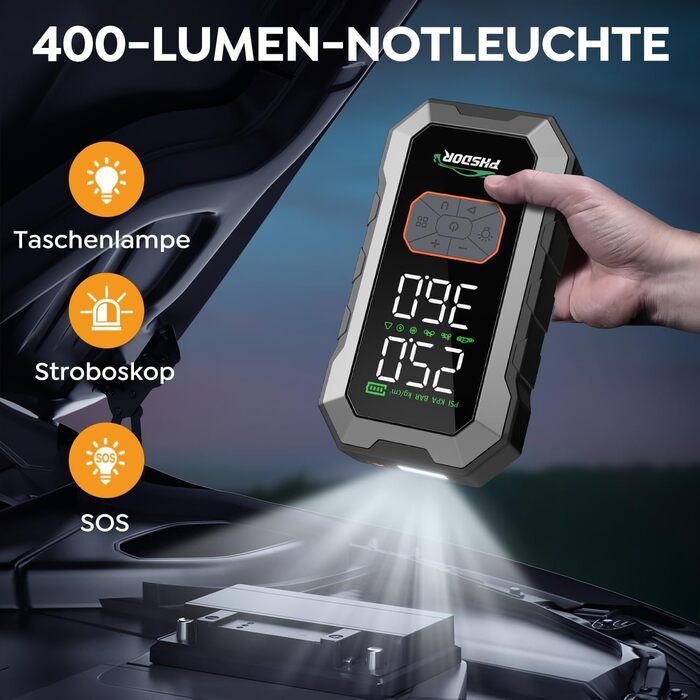 Пусковий пристрій (бустер) для авто 8000A з компресором 150 PSI та Powerbank 25000mAh, Jump Starter для бензинових та дизельних двигунів до 10.0L, з LED-ліхтарем, сріблястий