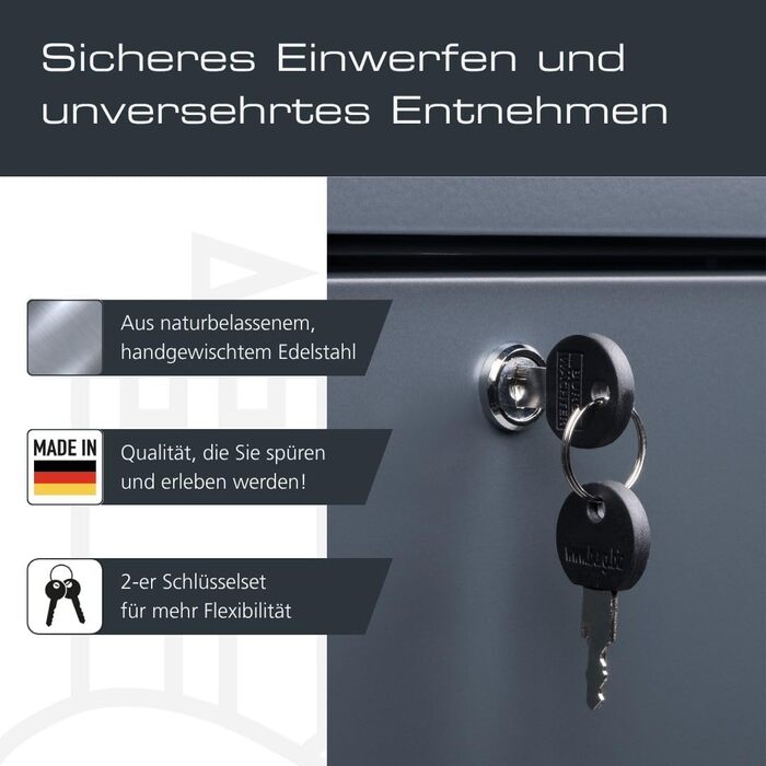 Поштовий ящик Burg-Wächter AMZ 2500 NI антрацит з газетницею та табличкою для імені, формат DIN C4, 2 ключі, нержавіюча сталь