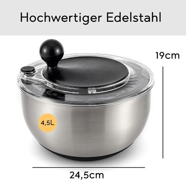 Салатниця-швидкокрутка з нержавіючої сталі – для миття, просушування та зберігання салату. BPA-free, об'єм 4,5 л, з ручним приводом