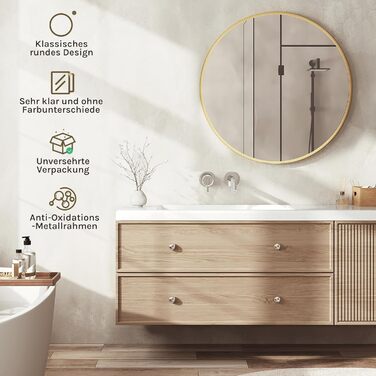 Круглий настінний дзеркало WOLTU 40 см з рамою, для ванної, спальні, вітальні, коридору, декоративний, з металу, скла, MDF, з гачком, 81x81 см, золотий