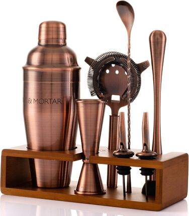 Набір для коктейлів Mint&Mortar 7 предметів з бамбуковим підставкою, з нержавіючої сталі, міксологія, барменський набір з барними інструментами для дому та професійного використання, ідеальний для Мартіні/Маргарити, 680 мл, міксер (Чорний) (Шліфоване мідь