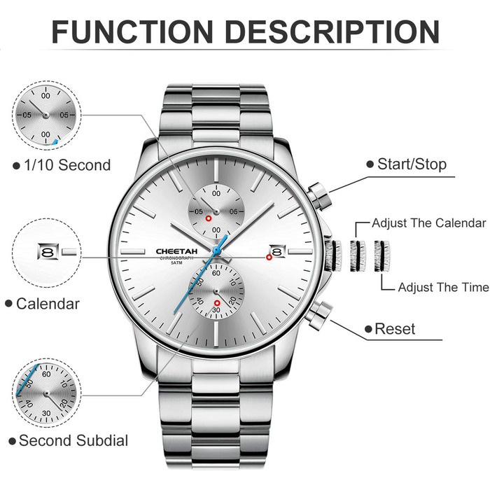 Чоловічий годинник-хронограф з нержавіючої сталі та металу, водонепроникний, кварцовий, з авто-датою та яскравими стрілками (білий)