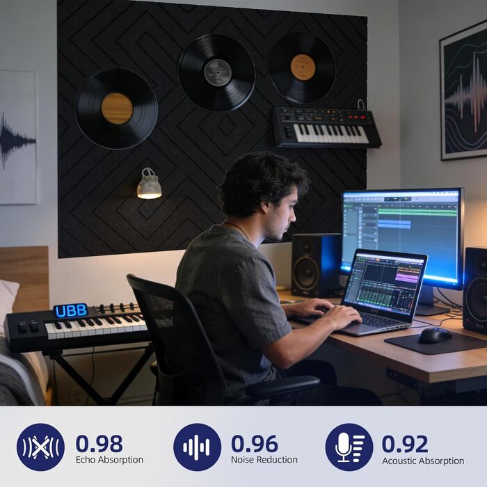 Самоклеючі акустичні панелі Vieshful для шумоізоляції стін та стелі, 10 шт, 30x30x1 см, чорні — звукопоглинаючі плити для студії, офісу та спальні