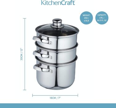 Набір каструль KitchenCraft 3 шт. з пароваркою, суповою каструлею, індукційне дно, нержавіюча сталь, подарункова коробка, 16 см, сріблястий