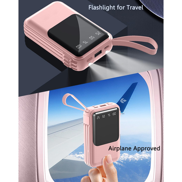 Портативний зарядний пристрій Powerbank 10000mAh з вбудованими кабелями (USB-C) для iPhone, Android, Google Pixel (Dark Pink)