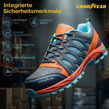 Чоловічі захисні робочі черевики Goodyear S1P SRA HRO, безметалеві, легкі та дихаючі, помаранчево-сині, розмір 44 EU