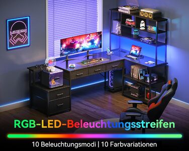 Комп'ютерний стіл Coleshome з 5 ящиками та 4 полицями, 180x100 см, L-подібний, з LED-підсвічуванням, розетками та USB, для дому/офісу, білий/чорний