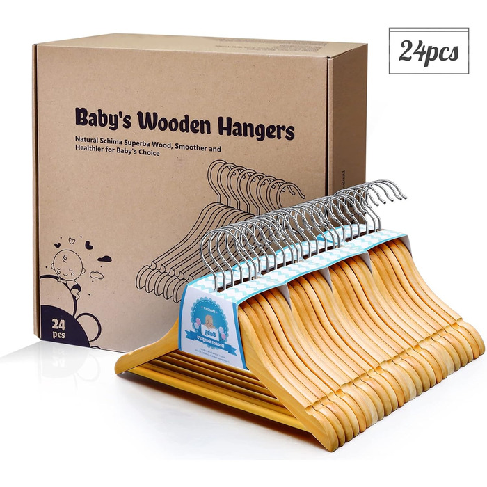 Дерев'яні вішалки для дитячого одягу Homewit - 24 шт. з перекладиною, з заглибленнями, 360° обертання, для малюків та дітей - 30 см