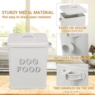 Контейнер для корму для собак Pethiy, 6.5 л, метал, білий - з міркою та герметичним кришкою