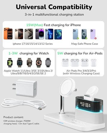 Багатофункціональна бездротова зарядка 5 в 1 з годинником для Apple iPhone, Apple Watch, AirPods (біла)