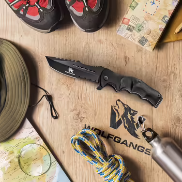 Складаний ніж Wolfgangs UNDIQUE з 440C сталі, з чохлом із шкіри, одноручне відкриття, тактичний ніж для виживання, полювання та бушкрафту, чорний