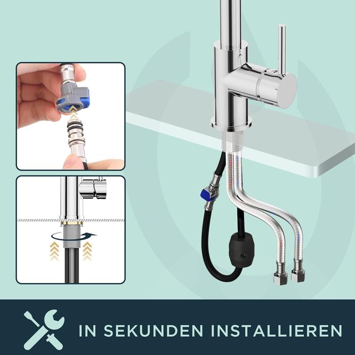 Змішувач кухонний FORIOUS висувний з душем, однорідний, 360° обертання, хром, з витяжкою