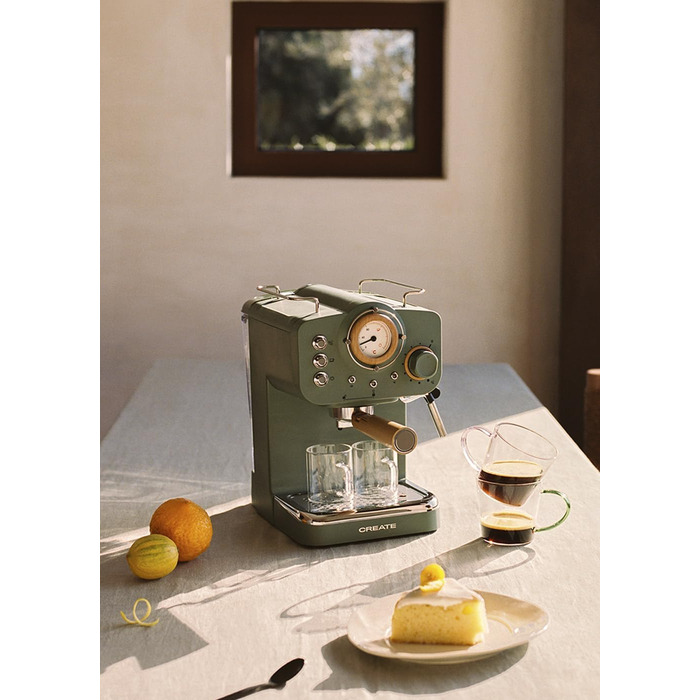 CREATE / THERA MATT RETRO/Espresso Machine Cream White Matt and Wood/Semi-Automatic, with a 15 bar pump and 1100W, 1.25L water tank, for ground coffee, 55 mm. ESE Pads (Green-Sage Matt - Wood)
