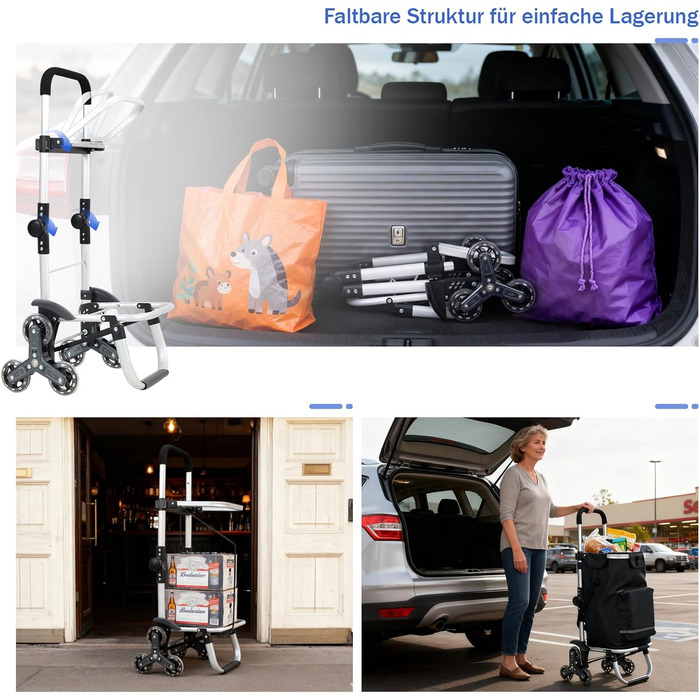 Тролей для покупок Sekey XXL з підйомником для сходин, 3 колеса, для кемпінгу та покупок, регульована ручка, алюміній 3-в-1, з відділенням для їжі та напоїв, чорний