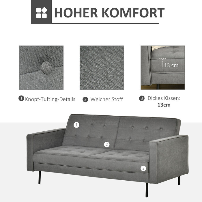 HOMCOM 3-Seater Sleeper Sofa with Reclining Function and Adjustable Angle, Vintage Design Made of Eucalyptus Wood and Cotton in Grey