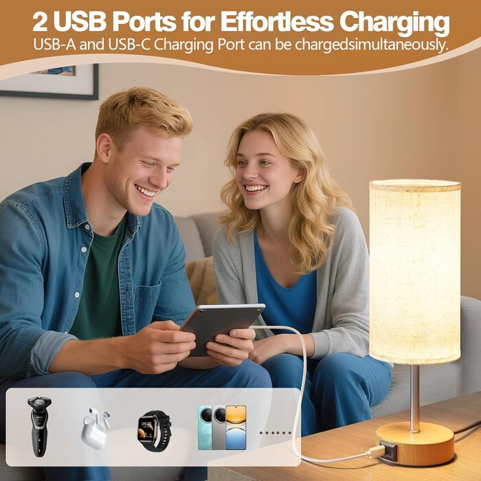 Нічна лампа UPXNBOR з USB-A та USB-C зарядкою, торшер з сенсорним керуванням та 3 рівнями тепла, для спальні та вітальні (E27 лампочка в комплекті), тканинний абажур