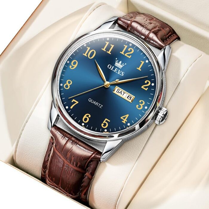 Чоловічий годинник OLEVS з нержавіючої сталі, кварцовий, аналоговий, класичний, бізнес-стиль, водонепроникний, з підсвічуванням, з датою, на шкіряному ремінці (A2 - синій циферблат/коричневий ремінь)
