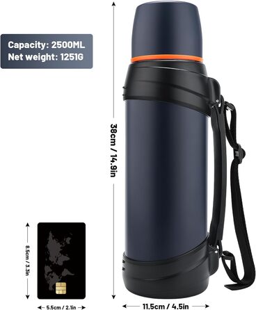 2.5L Thermos Flask/Thermos Jar, Stainless Steel Insulated Flask/Drinking Bottle, Insulated Flask with 2 Drinking Cups, Double-Walled Insulation Camping Water Bottle, 24h Hot & Cold (Dark Blue)