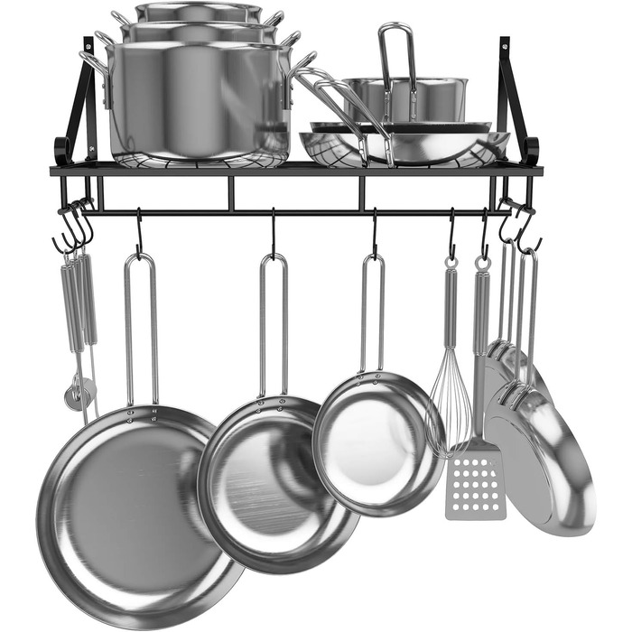 K-1121 60 CM Black Large Kitchen Shelf, Wall Shelf for Pots, Pans, and Utensils, Hanging Shelf with 10 Hooks