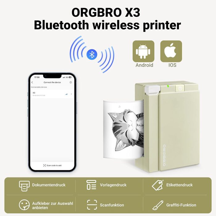 Mini принтер X3 для смартфона: друк наклейок, етикетки, фото. Bluetooth, 300DPI, термодрук, портативний. Зелений