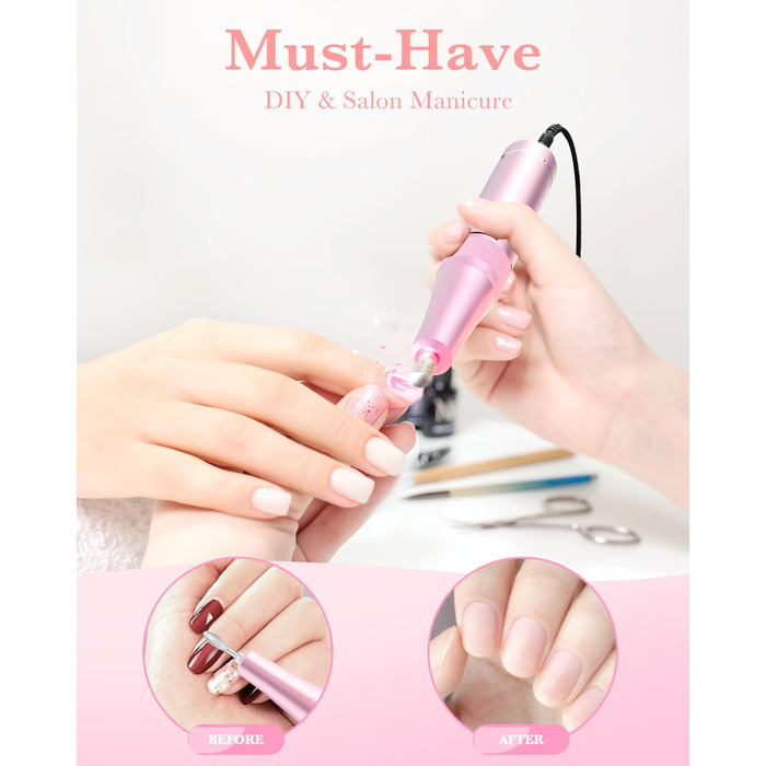 Професійний фрезер для нігтів ENGERWALL 35000 об/хв, електричний, для гелю та акрилу, бездротовий, манікюрний набір з 7 насадками та 56 шліфувальними стрічками, темно-срібний (портативний, акумуляторний, рожевий)