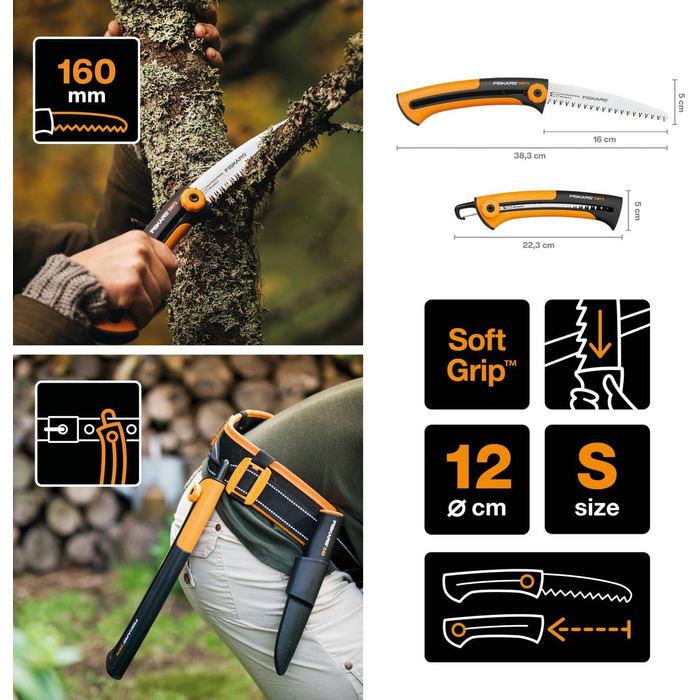 Ручна пила Fiskars Xtract SW73 для свіжої деревини, грубе зубцювання, довжина полотна 16 см, висувна, нержавіюча сталь, чорна/помаранчева, загальна довжина 35 см, модель 1000613