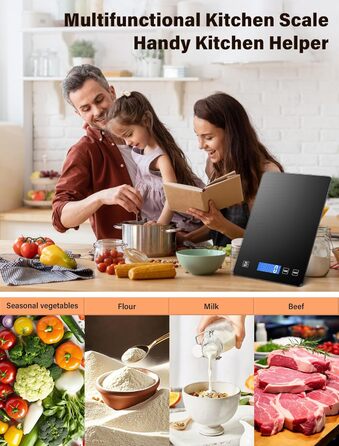 Кухонні ваги QEANY 15 кг з LCD дисплеєм, перезаряджувані, з функцією тарування, 5 одиниць вимірювання, батареї в комплекті